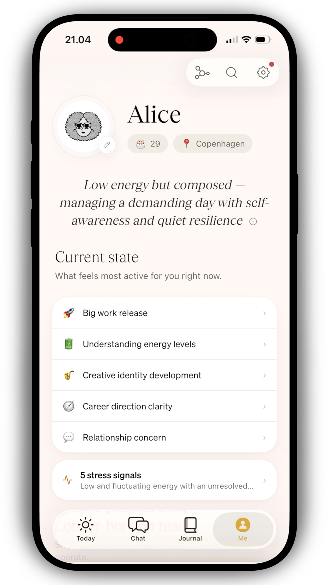 Kin showing current state — energy levels, active patterns, and stress signals